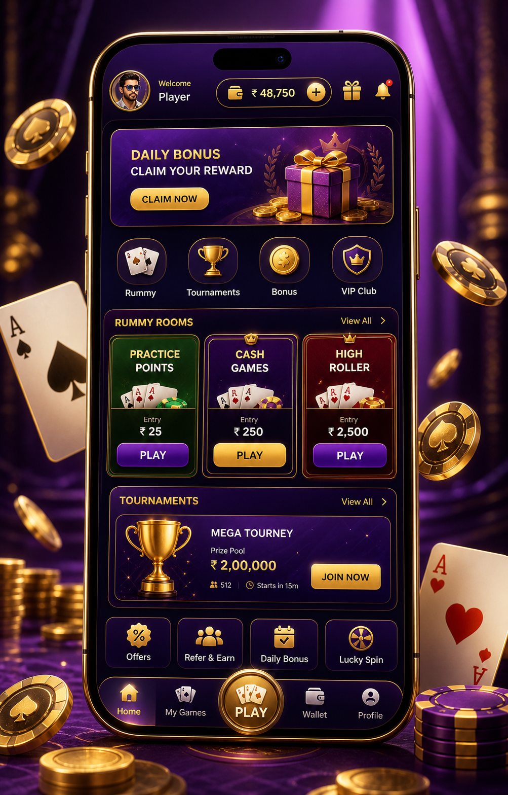 Purple rummy mobile screen with room cards and tournament panel