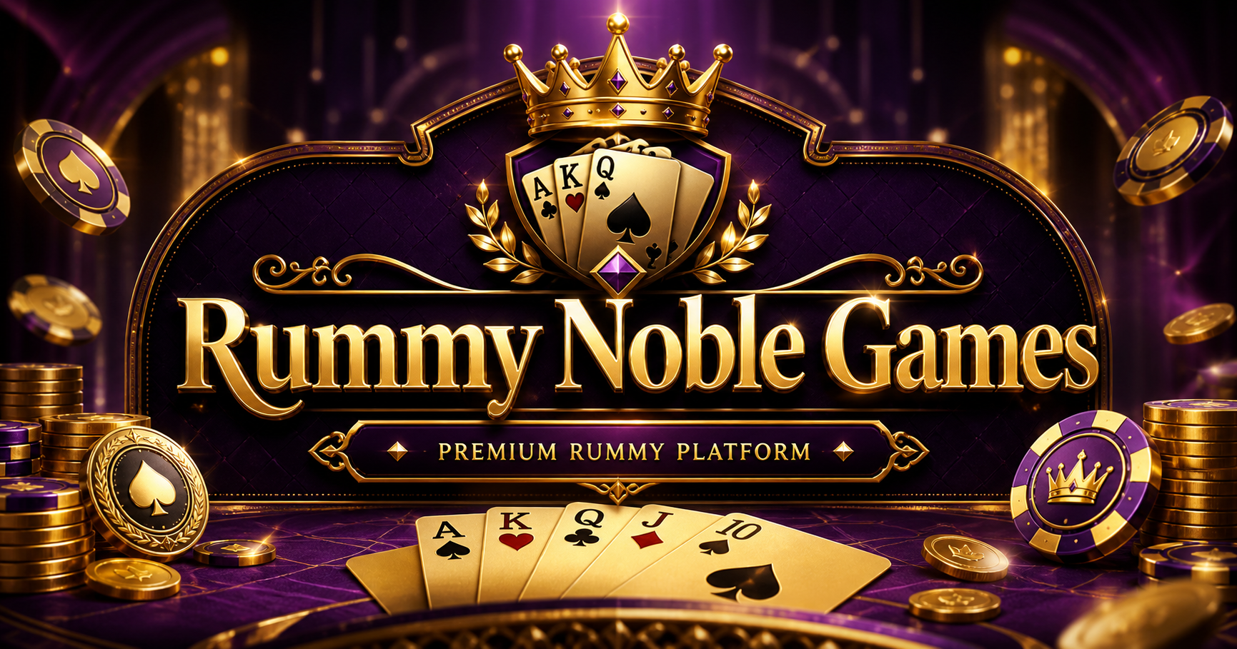 Rummy Noble Games purple gold emblem with crown, cards and casino-style stage