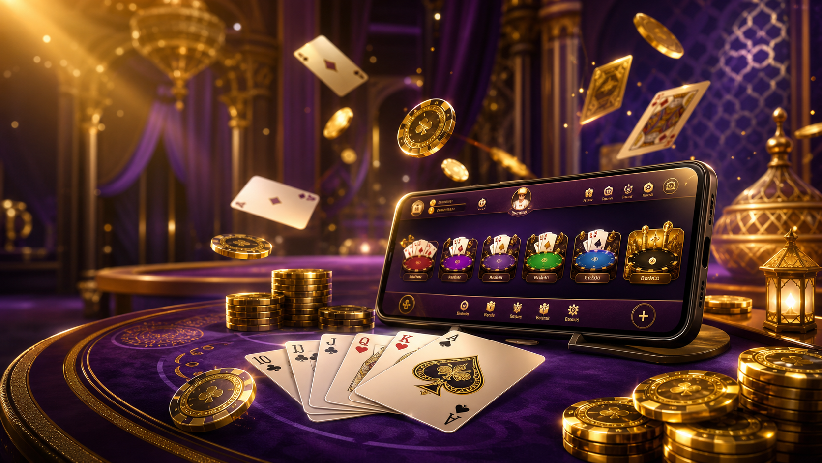 Rummy login screen scene with purple gold card table styling