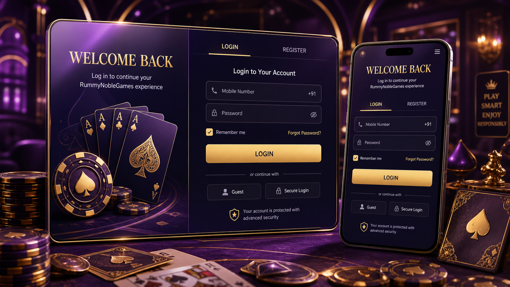 Three purple gold rummy panels for tables, wallet and VIP style labels