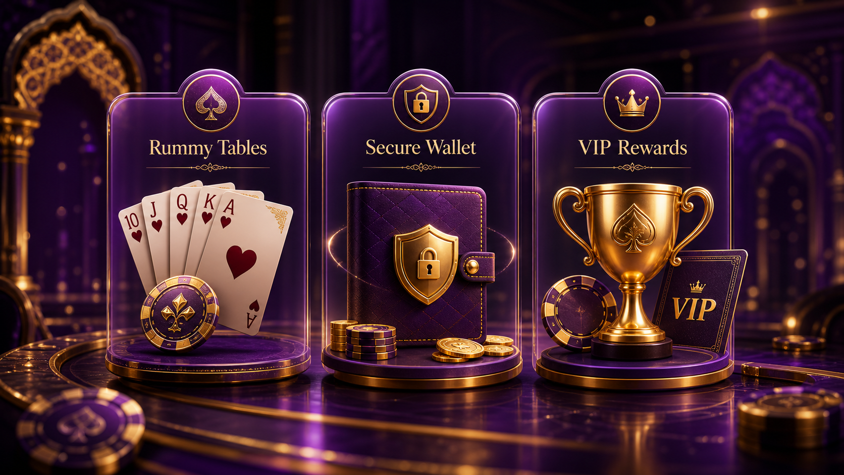 Purple rummy table scene with cards, coins and phone room panels