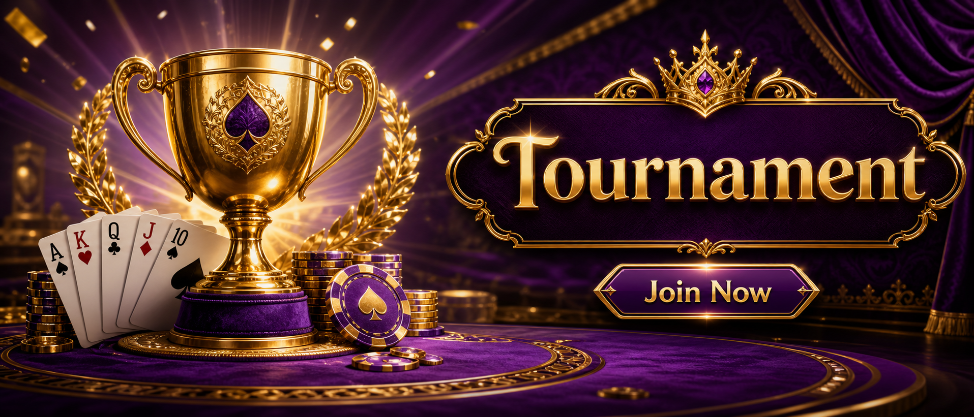 Purple tournament rummy scene with trophy and playing cards
